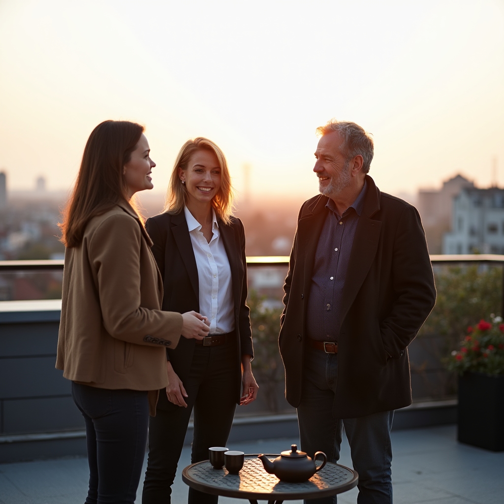 Team von Ocean Adventure bei einer Besprechung auf einer Dachterrasse in Düsseldorf