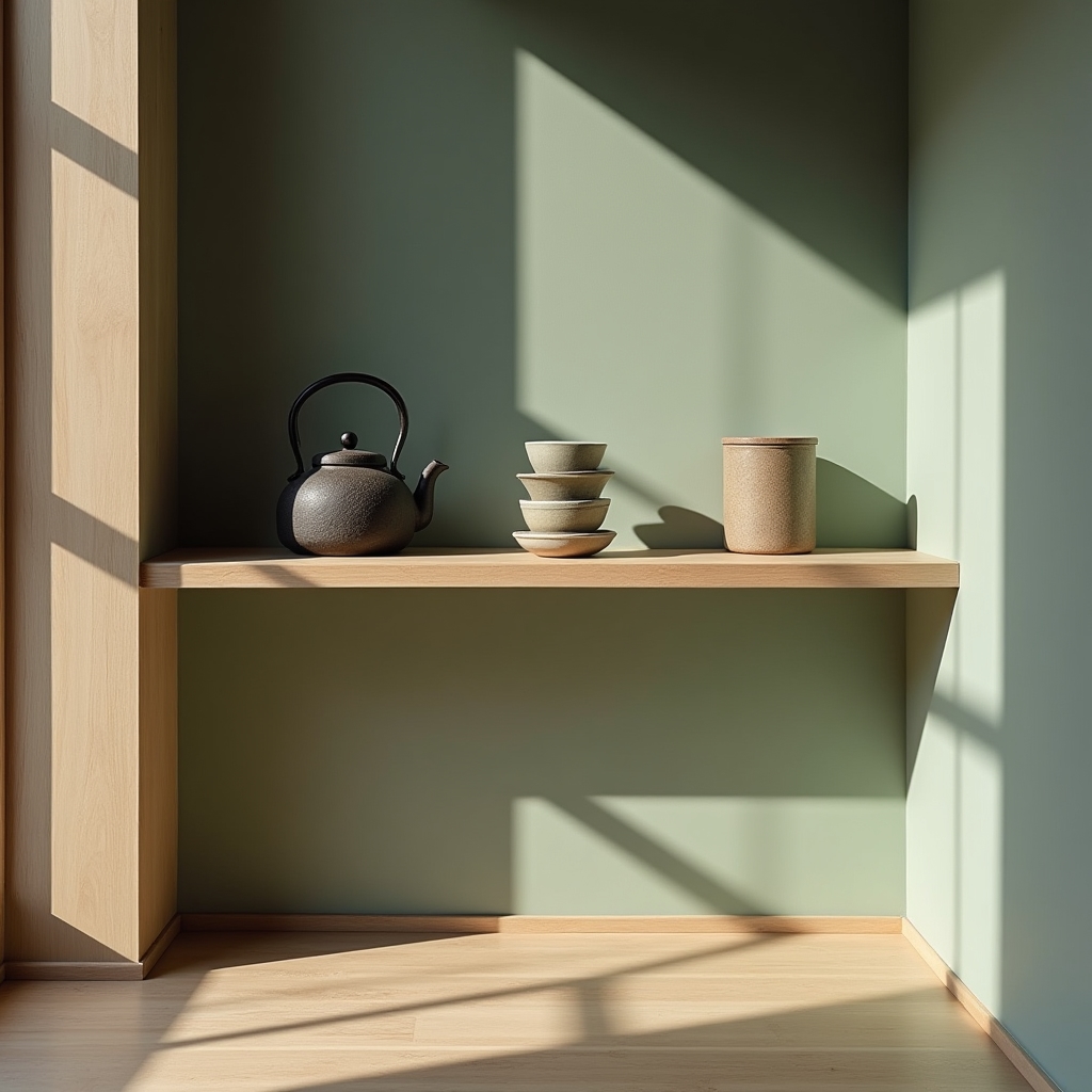 Kleine Teeecke mit Gusseisenkanne und Tassen in einem kompakten Apartment