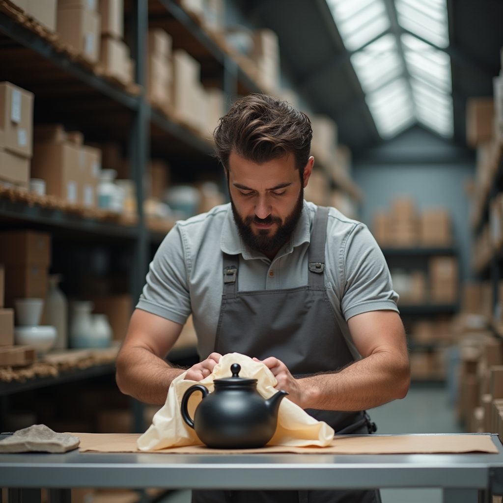 Verpackung von Teekannen für den Versand im Lager in Düsseldorf