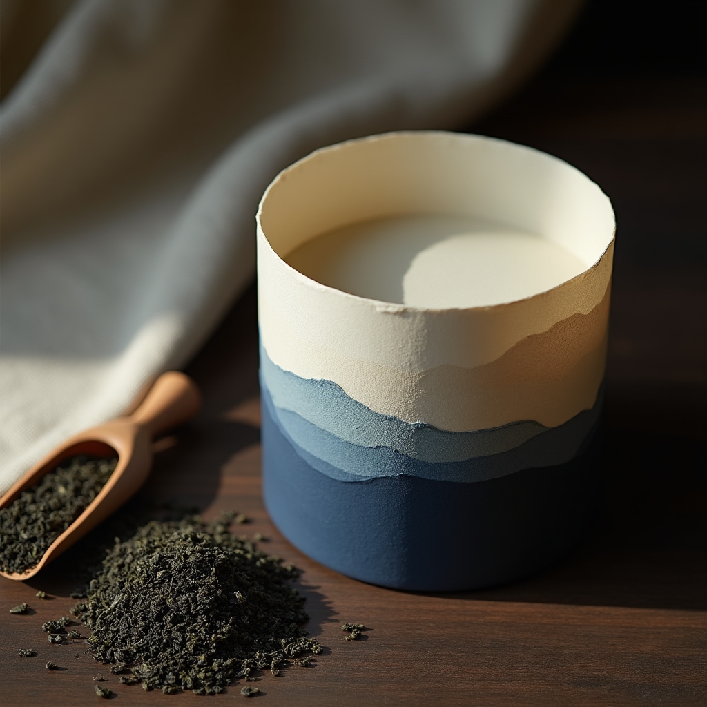 Teedose aus handgefertigtem Washi-Papier neben losem Blatttee